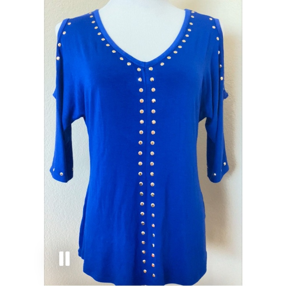 Tunic top V neck cold shoulder studded top 3/4 sleeves Bellini top royal blue